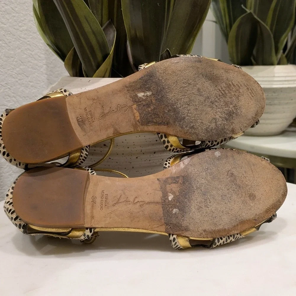 Lola Cruz Animal Print Metallic Gold Sandals Women's 37 Flat Butterfly Leather